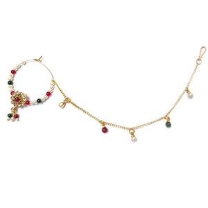 Anneau de nez traditionnel indien en or plaqué avec pierres roses et perle suspendue pour femmes - Product Image 1