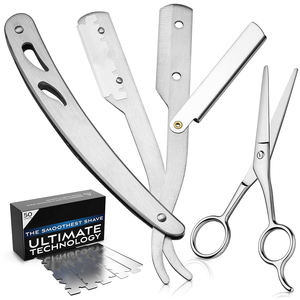 Complete Straight <b>Razors</b> for Men Kit with 50 <b>Single</b> <b>Blade</b> <b>Razors</b> for Men and Scissors Barber Supplies Straight Edge <b>Razor</b> Silver - Product Image 1