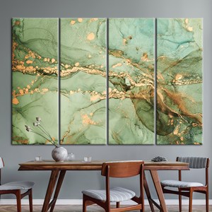 Impression sur toile d'art moderne marbre vert et or, Décoration murale de luxe en marbre, 4P : encadré - Product Image 1