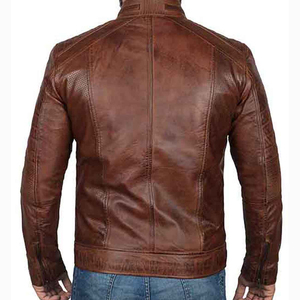 Men's Leather Jacket Genuine Leather <b>Cow</b> Skin Classic Vintage Style Stand Collar Front Logo DDP Shipping - Product Image 3
