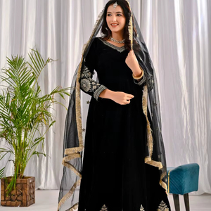 Robes longues ANARKALI PENT Dupatta Vintage d'hiver en velours de viscose lourd avec broderie multi-sequins - Product Image 1