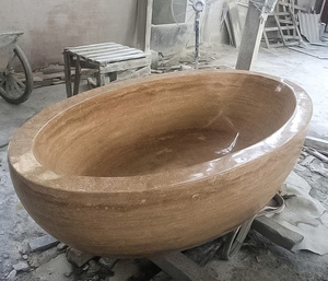 Vasca da Bagno Ovale in Travertino PerfectStone, Vasca Freestanding Solida per Bagno Residenziale Moderno - Product Image 2