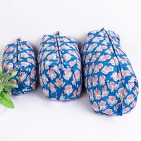 Sac de rangement pour maquillage vintage en coton bleu à motifs, grande capacité, fermeture éclair, durable, écologique, résistant à l'eau