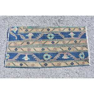 Tapis en laine fait main classique bleu Beige 1.6x3,2 pieds Design patchwork turc pour salon ou chambre à coucher avec support en latex - Product Image 4