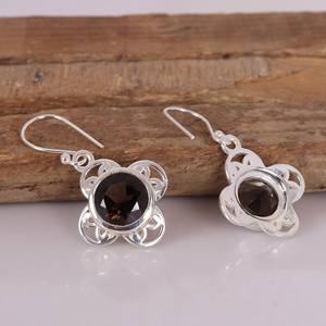 Premium Quality Smoky Quartz Gemstone Round Faceted Vintage Baho Solid 925 Sterling Silver Plated Dangle Drop Womens <b>Earring</b> - Product Image 2