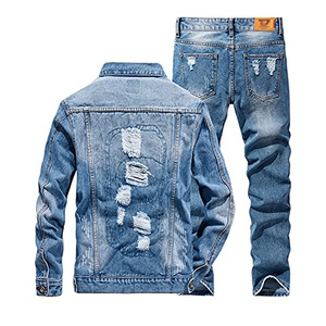 Conjunto de Chaqueta y Jeans de Mezclilla para Hombre, Traje de Mezclilla Clásico con Botones, Corte Ajustado, Lavado Azul Desgastado, Estilo Casual Urbano - Product Image 4