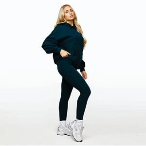 Sudadera con Capucha Extra Grande para Mujer, Corte Holgado, 80% Algodón, 20% Poliéster, Diseño Lineal Arqueado, Color Verde Zinc - Product Image 3