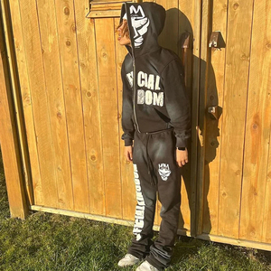 Custom Logo Distress Embroidery Patch Tracksuits Unisex Stacked Tracksuit Aicd <b>Wash</b> Full <b>Face</b> Vintage Zip Up Hoodie Set - Product Image 2