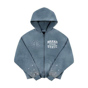 Sudadera con Capucha Personalizada 100% Algodón, Lavado Ácido, Cierre de Cremallera, Pedrería, Cuello con Capucha de Alta Calidad, Impresión Serigráfica, Secado Rápido, Unisex, Invierno - Product Image 3