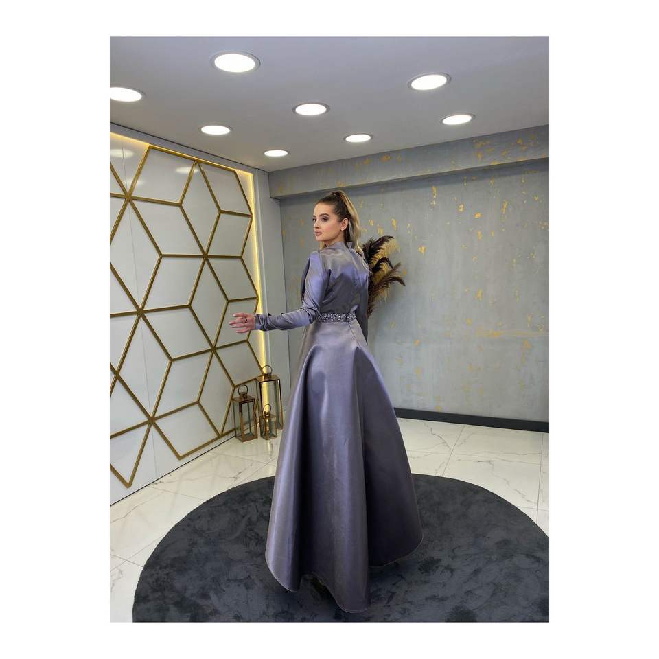Satin Stone Belted Evening Dress