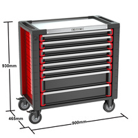 Chariot d'atelier KINBOX 01RS4M8 à 8 tiroirs, large, en acier, avec plan de travail en acier inoxydable, bac de rangement, noir et rouge