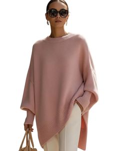 Customized <b>Women</b> Pink Oversized Knit Poncho Sweater Winter Loose Fit Batwing Sleeve Soft <b>Warm</b> Pullover Casual Fashion Top - Product Image 1