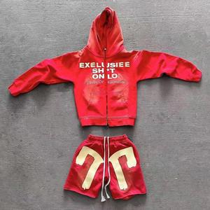 Acid Wash Sun Faded Distressed Vintage Applique Embroidered Hoodie and Sweat <b>Shorts</b> Custom <b>Zip</b> up Hoodie <b>Shorts</b> Set for Men - Product Image 1