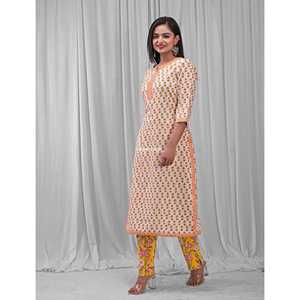 ชุดคุรตะผ้าฝ้ายสีขาวลำลอง (ชุด 2 ชิ้น) ลายพิมพ์บล็อก แขนสามส่วน สำหรับฤดูใบไม้ผลิ/ฤดูร้อน - Product Image 3