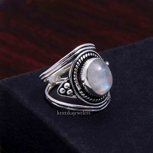 Anillo de bodas de plata de ley 925 hecho a mano, piedra lunar de Fuego Azul Natural, piedra preciosa, ajuste de bisel de corte ovalado Unisex para ropa de fiesta - Product Image 3
