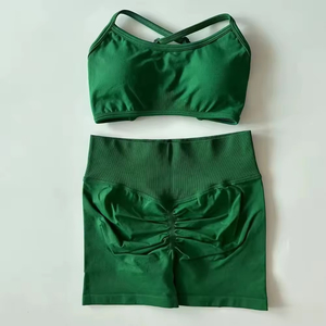 Ensemble de shorts de yoga pour femmes fabriqué en usine, best-seller, taille plus, uni, 2 pièces, taille élastique, respirant, séchage rapide - Product Image 5