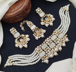 Conjuntos de pendientes y Mala con estilo dorado a la moda, conjuntos de joyería nupcial artificial de lujo, conjunto de joyería nupcial de piedra de circón de lujo - Product Image 3