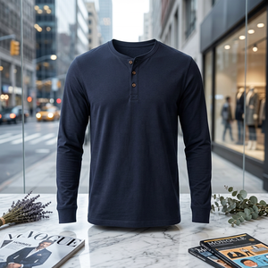 T-shirt Henley à manches longues pour homme, 100% coton respirant, logo sur le devant, écologique, noir uni, tricoté, décontracté, col rond, grande taille - Product Image 6