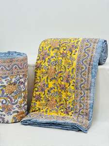 Floral Hand Block Printed Indian Cotton Kantha <b>Quilt</b> Handmade Jaipuri Soft Rajai Blanket Reversible <b>Bed</b> Cover Queen - Product Image 2