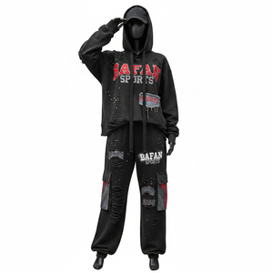 Survêtement en molleton de coton premium pour femmes, noir, design à panneaux usés, broderie personnalisée, logo en chenille, taille plus - Product Image 6