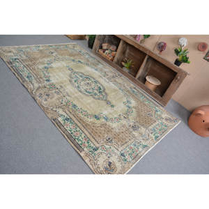 Alfombra Turca Vintage Clásica de Piel de Lana Hecha a Mano con Respaldo de Látex Rectangular, Color Beige y Verde, 4M - Product Image 4