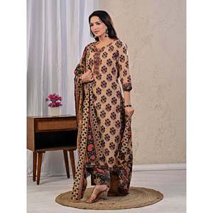 Butta <b>Block</b> <b>Printed</b> Cotton Kurta Pant Set Mulmul Dupatta Beige Black Ethnic Wear for Parties Daily Use Indian Made Viscose Net - Product Image 6