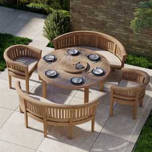 Modern Teak Wood Outdoor <b>Garden</b> Dining Set Round Patio <b>Table</b> Curved <b>Bench</b> and Chair Hotel Cafe Furniture - Product Image 1