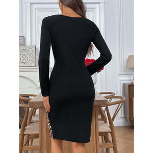 Vestido Mini de Crepé Importado con Cuello Redondo, Mangas Largas, Detalles Laterales de Hielo y Leopardo para Mujer, 30727 - Negro - Product Image 5