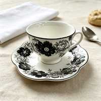 Ensemble tasse et soucoupe en céramique de 220 ml, blanc avec imprimé floral noir, tasse à thé et soucoupe pour le café, vaisselle de table
