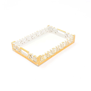 Bandeja de servicio de madera de diseño elegante y único con asas de metal negro, duradera y elegante para comedor o uso decorativo - Product Image 6