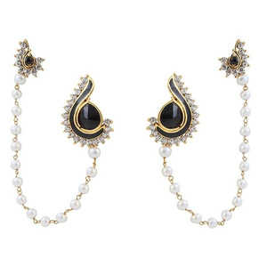 Kriaa Black Stone Meenakari Pearl Chain Ear Cuff 1305629 Bijoux élégants en perles pour femmes - Product Image 1