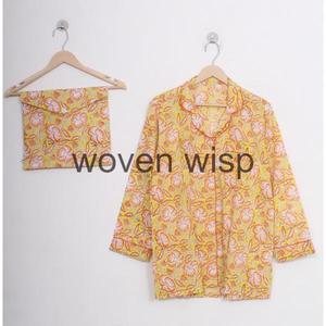 Ensemble de pyjama en coton tissé d'été conçu sur mesure pour femmes vêtements de nuit peints à la main taille élastique confortable relaxant personnalisé - Product Image 5