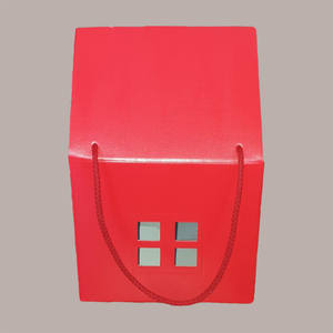 5 Pcs <b>Red</b> Linen Cardboard House 200x200H180mm Christmas Gift Box for 1kg Tall Panettone with Drawstrings - Product Image 5