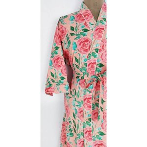 Hand-Painted Indian Summer Robe Pure Cotton Peach Rose Blossom Beach Cover-Up for Maternity <b>Mums</b> Kimono Style Swimsuit - Product Image 3