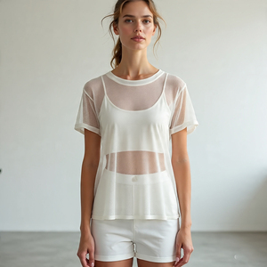 Résille t-shirts femmes maille goutte épaule maille hauts t-shirts dames été femmes résille Blouses chemises dames - Product Image 4