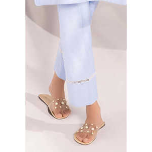 Pantalon décontracté pour femme en tissu Oxford bleu, respirant, teint en fil, coupe évasée, taille élastique, jambe large, taille mi-haute, coupe ample, avec revers - Product Image 2