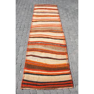 Alfombra Turca Kilim de 2.9x9.4 pies (88x287 cm), Alfombra Vintage con Diseño de Cuadros Naranja - Product Image 1