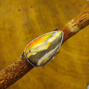 Bague de mariage bohème en argent sterling 925 artisanale en forme de goutte Bumble Bee Jasper Turquoise Diamond Boho Pearl Setting - Product Image 1