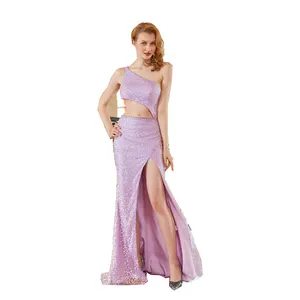 Sheath One Shoulder Light Purple Sequins Long Prom Dress with Split Front Cut Out Glitter Mermaid Evening Dresses