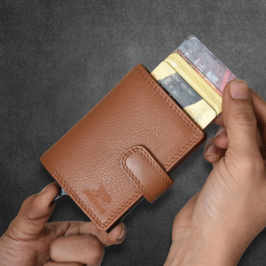 Mens Leather Pop Up Card Holder <b>RFID</b> Blocking Slim Compact <b>Wallet</b> With Button Closure Mini Front Pocket Organizer Design - Product Image 3