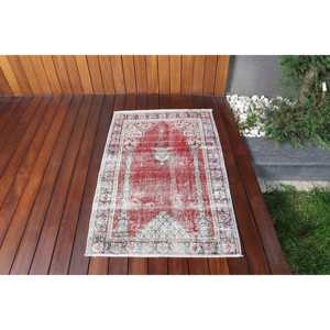 Vintage Small Rug, 2.5x3.9 ft Turkish Rug, <b>Red</b> Striped <b>Wool</b> Rug - Product Image 1