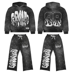 Ensembles de streetwear intégraux personnalisés avec logo pour hommes, sweats à capuche et pantalons de survêtement réfléchissants et strass acides du fabricant, sweat à capuche pour hommes - Product Image 4