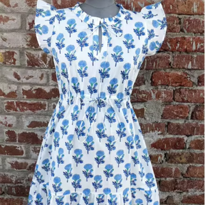 เดรสโบโฮพิมพ์ลายดอกไม้สไตล์วินเทจลายมือบล็อกสำหรับผู้หญิงตกแต่งด้วยเชือกแขวนคอประดับพู่ตกแต่งรอบเอวสั้นฤดูร้อน - Product Image 1