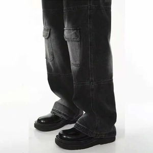 Pantalones Cargo Vaqueros Anchos de Mezclilla con Recubrimiento Estilo Punk de Alta Calidad para Hombre, Lavado Vintage Americano, Color Negro Desteñido - Product Image 2