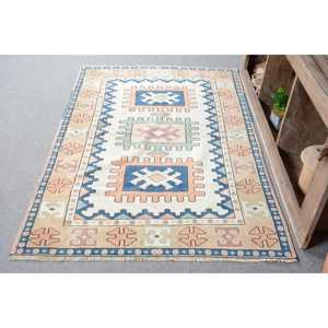 Alfombra Turca Vintage, Alfombra de 4.2x6.3 pies, Alfombra Azul con Diseño de Cuadros - Product Image 1