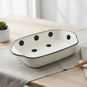 ถาดอบเซรามิกคุณภาพพรีเมียม 3460899-23.5X14 ขนาด 9 นิ้ว แบบมีหูจับ 2 ข้าง ตกแต่งลายวงกลมสีดำ - Product Image 1