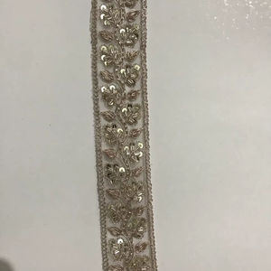 Premium Champagne <b>Gold</b> Traditional Floral Vine Embroidered Lace <b>Trim</b> Metallic Zari Work Pearl Beads Shimmering Sequins Organza - Product Image 1