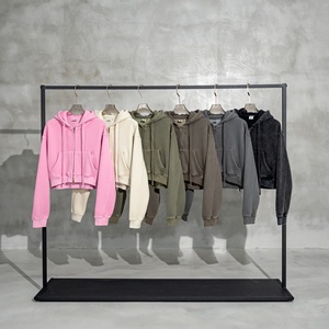 Sudadera con capucha de forro polar lavada con doble cremallera para mujer de alta calidad al por mayor, sudadera de color sólido con logotipo personalizado, Sudadera corta con capucha - Product Image 1