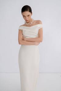 Long Dress for Women Black <b>White</b> Flared Out at the Bottom ESBER the SHOULDER LONG DRESS Sand Jacquard Fabric <b>WHITE</b> ANT Vietnam - Product Image 3