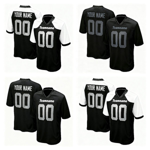 เสื้อฟุตบอลอเมริกันสีดำขาวแบบกำหนดเองสำหรับผู้ชาย ชุดทีมคอวีแบบสั้น ป้องกันแบคทีเรีย โพลีเอสเตอร์ 100% ย้อมสีแบบ Sublimation เต็มตัว - Product Image 1